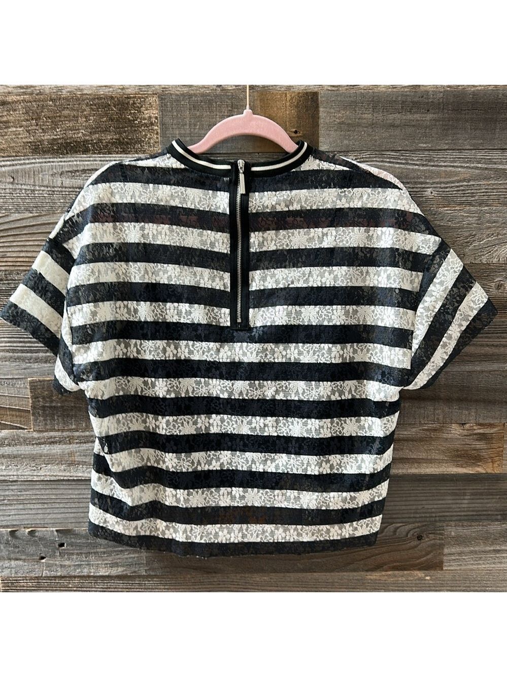 Zara Black and White Stripe Floral Lace Semi Sheer Top Size Small - Picture 5 of 8